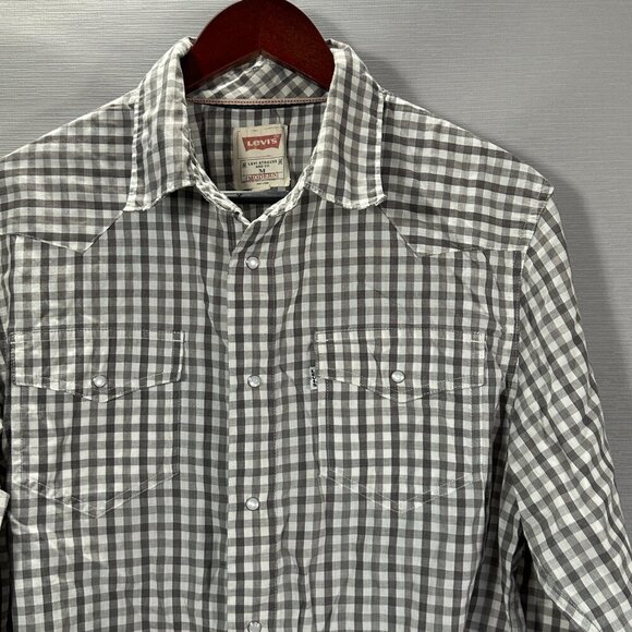 Levis Shirt Mens Medium Gray Gingham Check Long Sleeve Western Pearl Snap Pocket - Picture 2 of 8